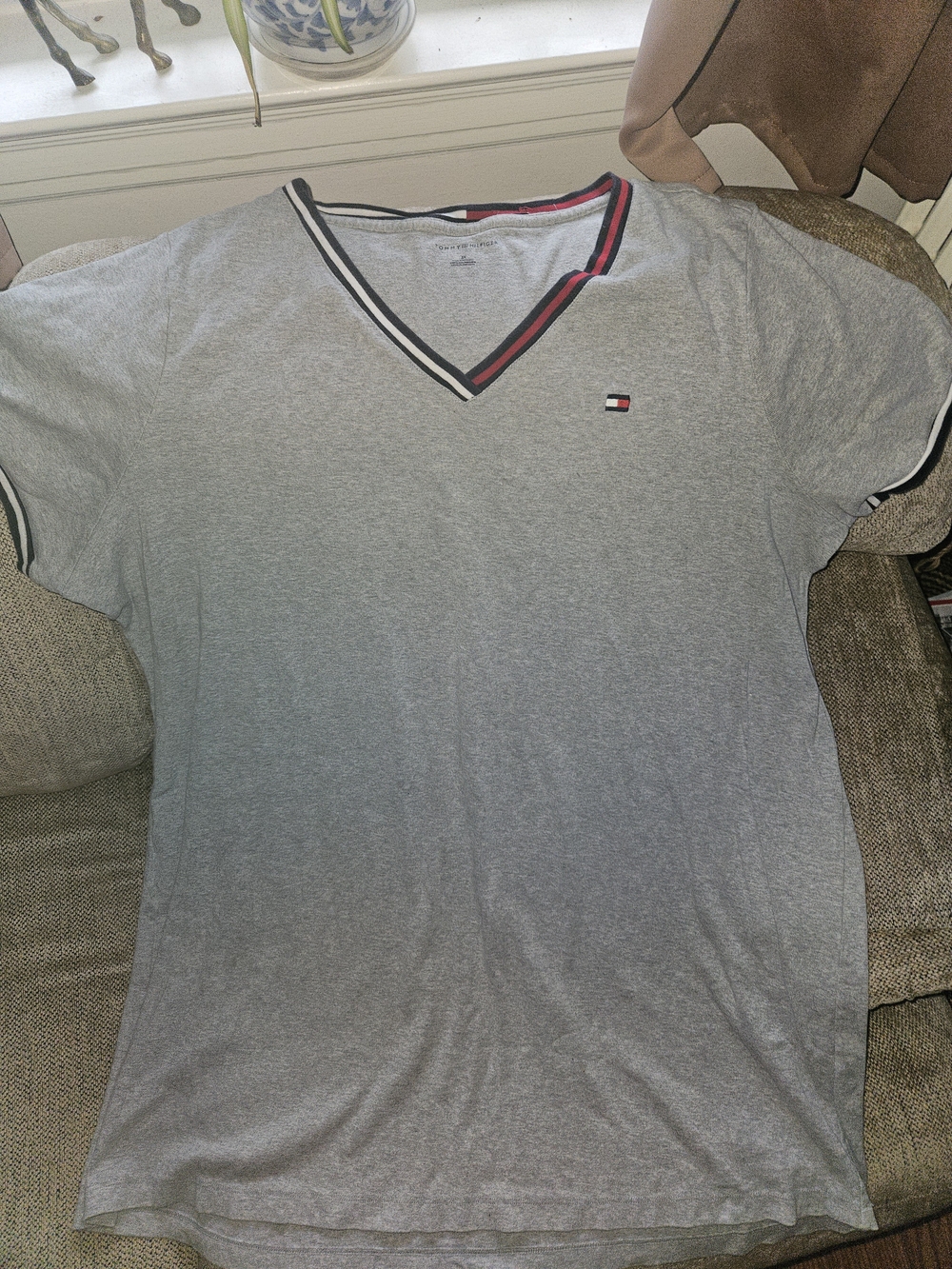 Tommy Hilfiger Light Gray V-Neck Tee with Red & Navy Trim